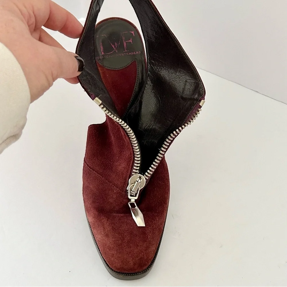 Diane von Furstenberg DVF Suede Heels Slingback Shoe Glamouratti Burgundy Size 7